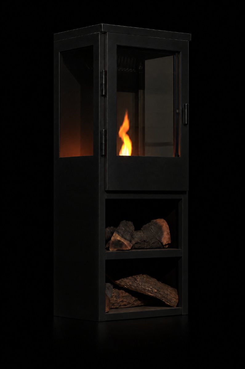 Bio-ethanol tall stove with log store