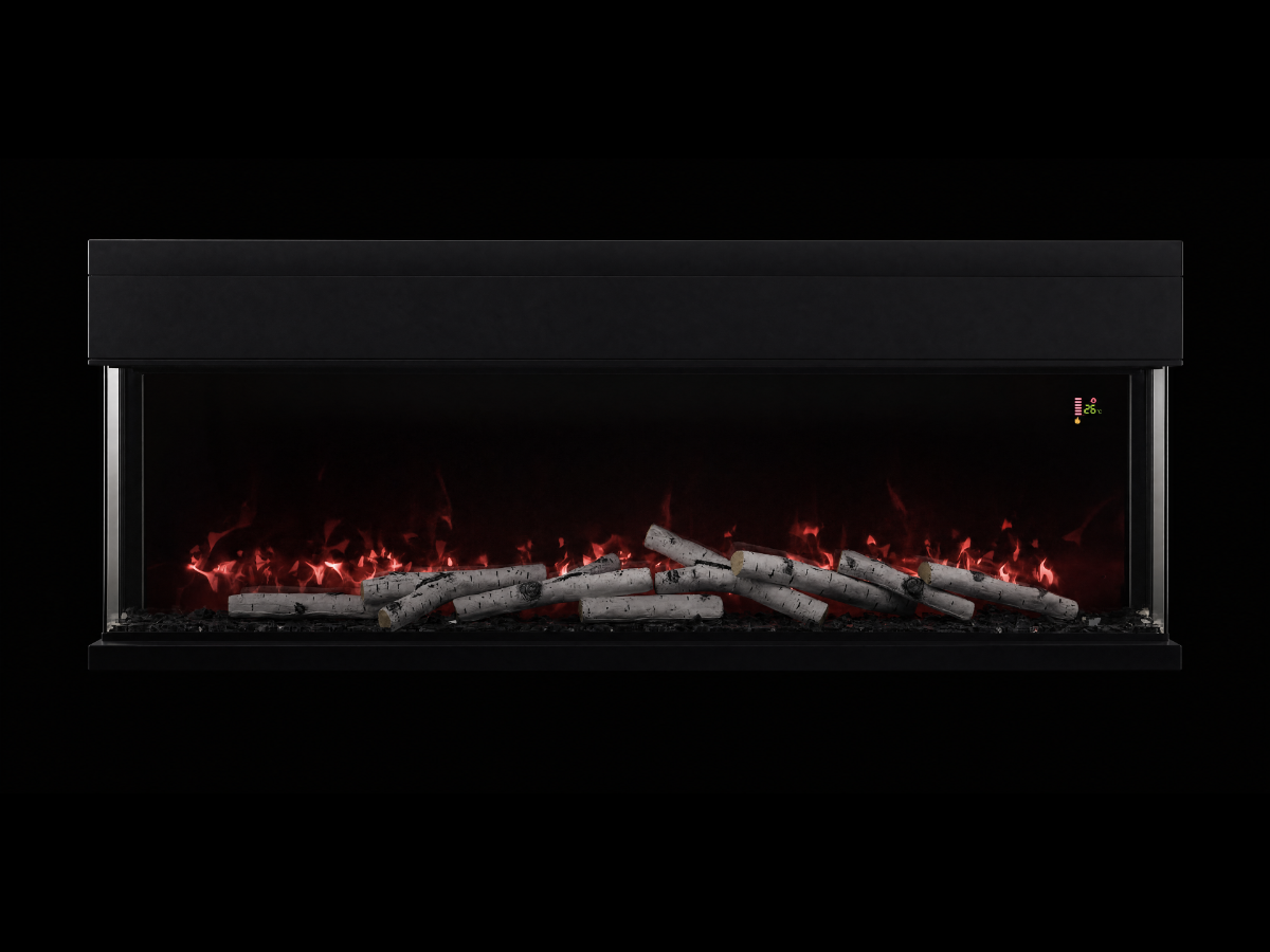 Three-sided electric fireplace with birch log set