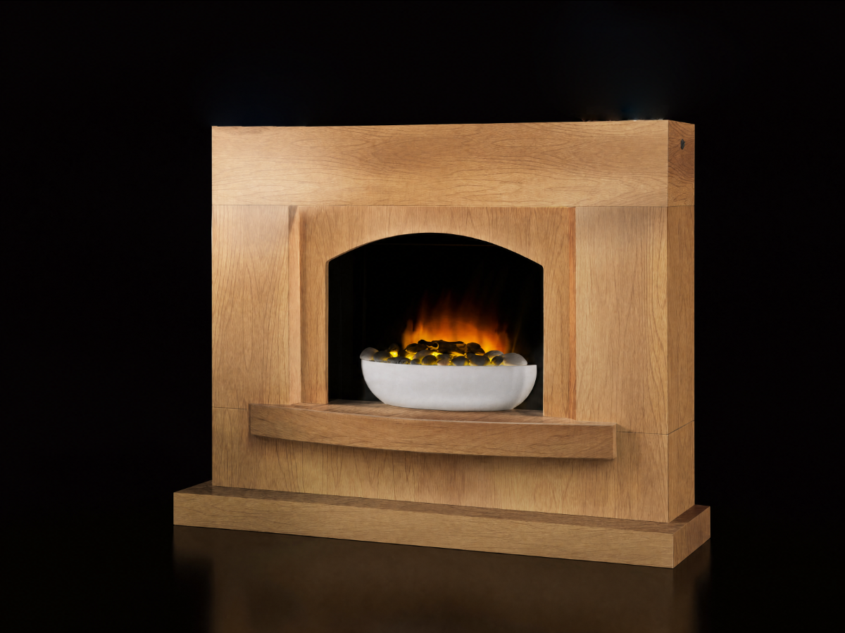 Oak surround electric fireplace with pebble bowl