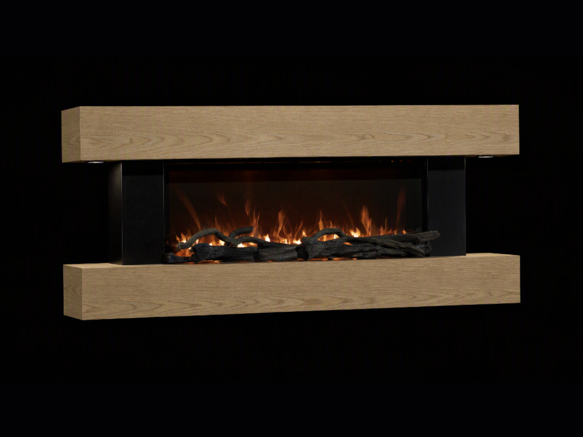 Natural wood grain electric fireplace suite